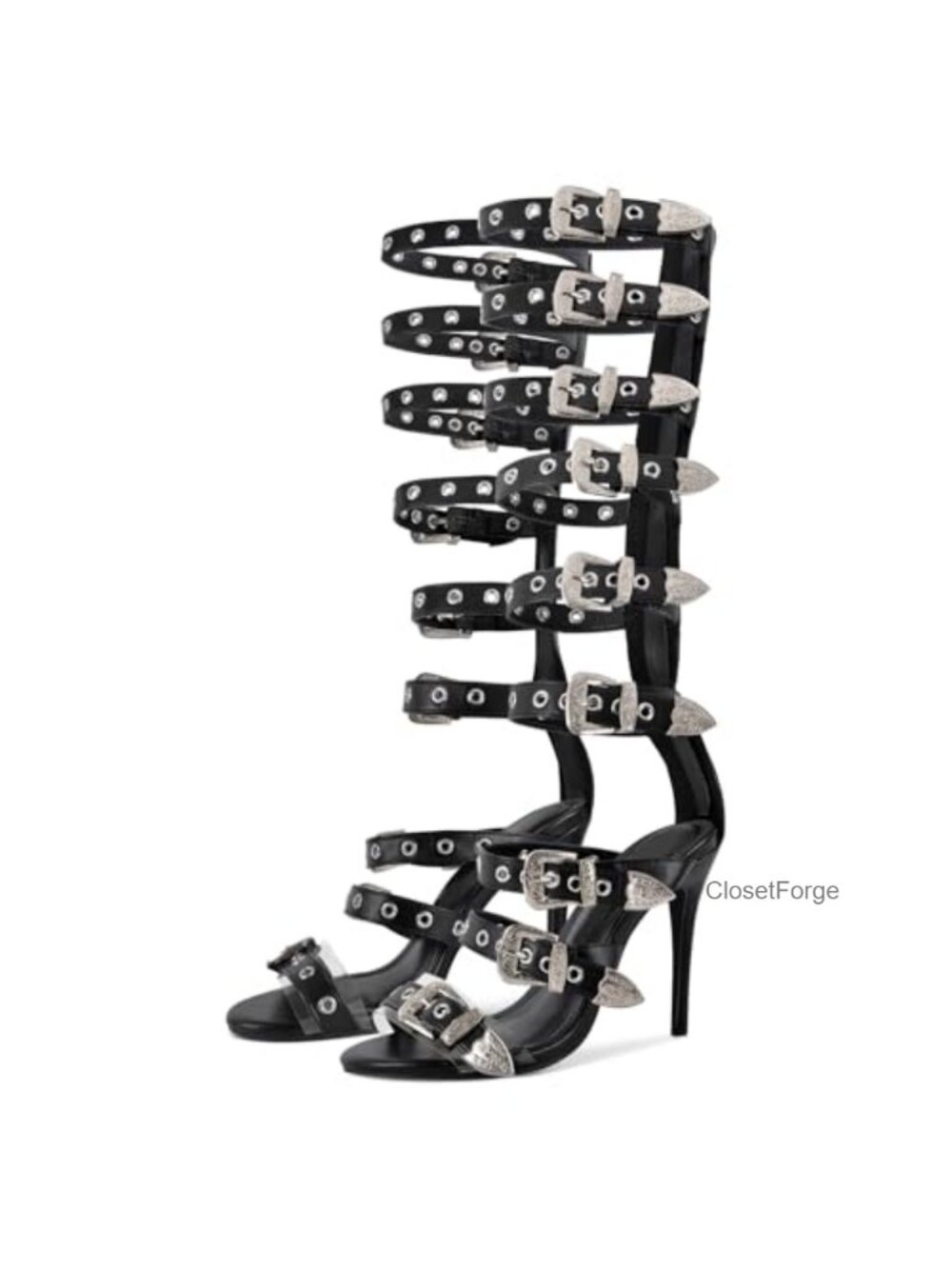 Knee High Gladiator Sandals, Strappy Wrap Heels with Buckles, Adjustable Zipper